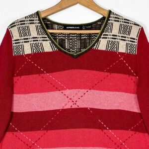 VTG 90s Express Jeans Stripe Argyle V-Neck Sweater Womens L Cute Retro Knit